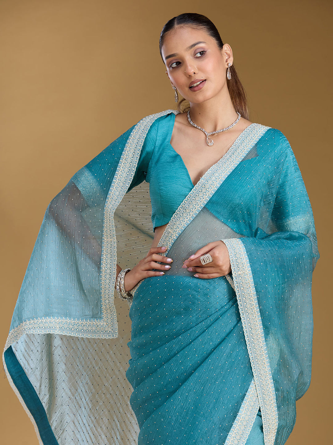 Sky Blue Tissue Gold Zariwork Saree With Matching Blouse Piece