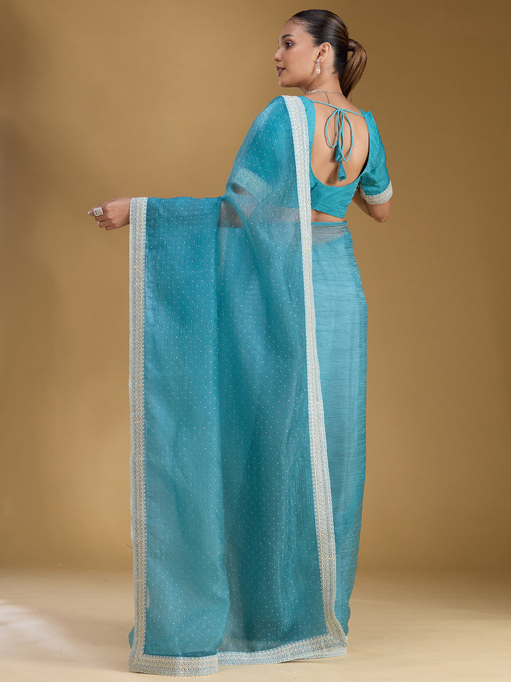 Sky Blue Tissue Gold Zariwork Saree With Matching Blouse Piece