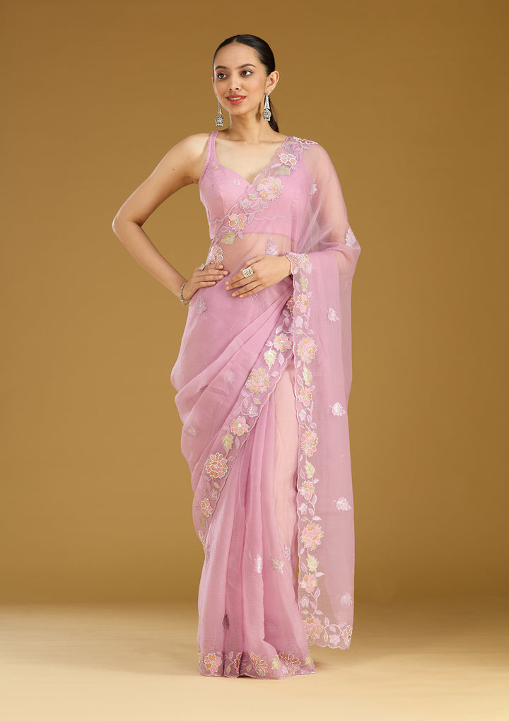Lavender Threadwork Chiffon Saree