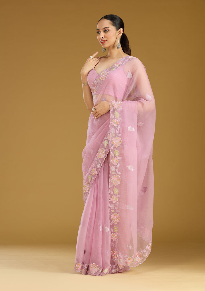 Lavender Threadwork Chiffon Saree