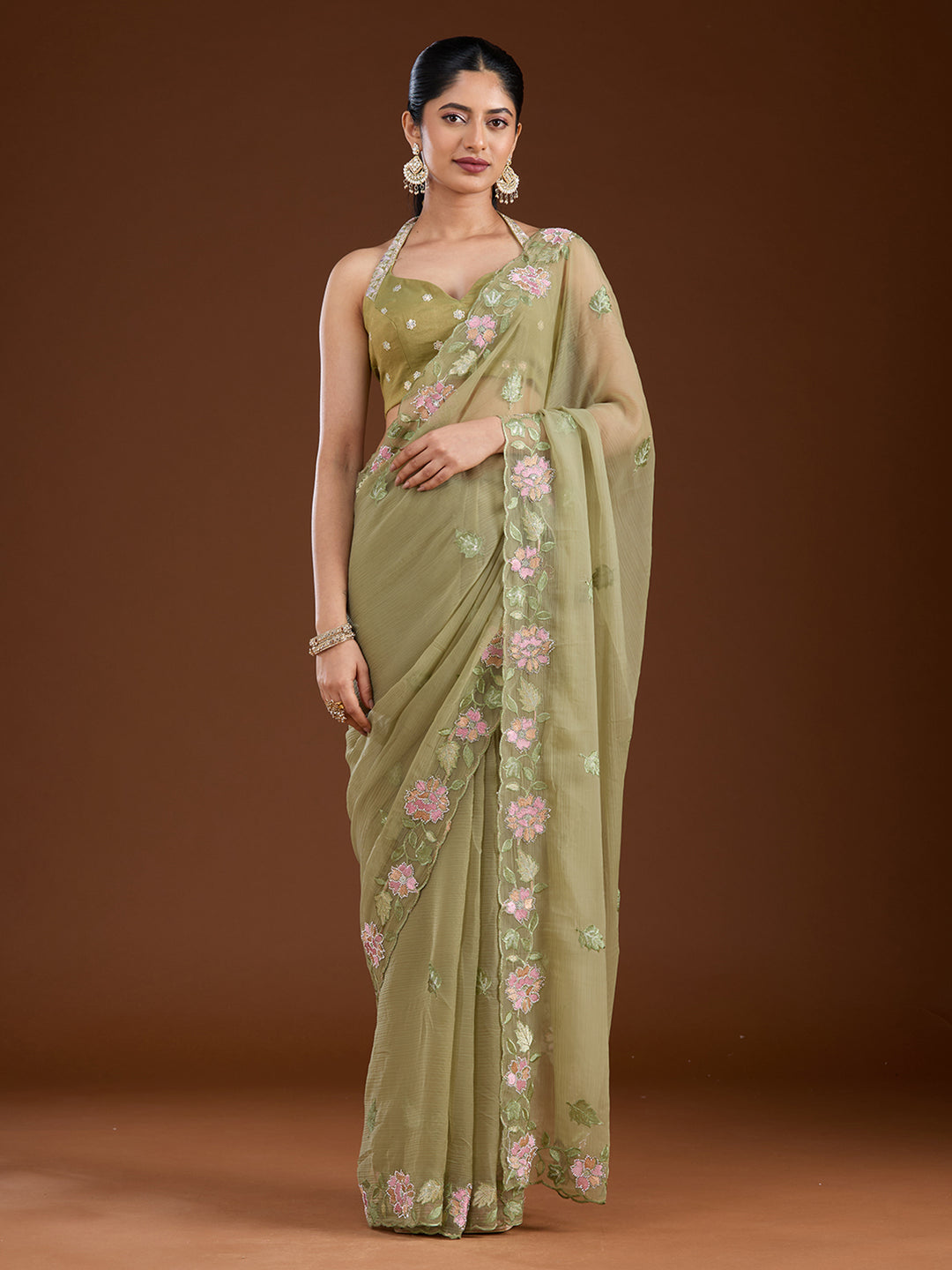 Pista Green Threadwork Chiffon Saree