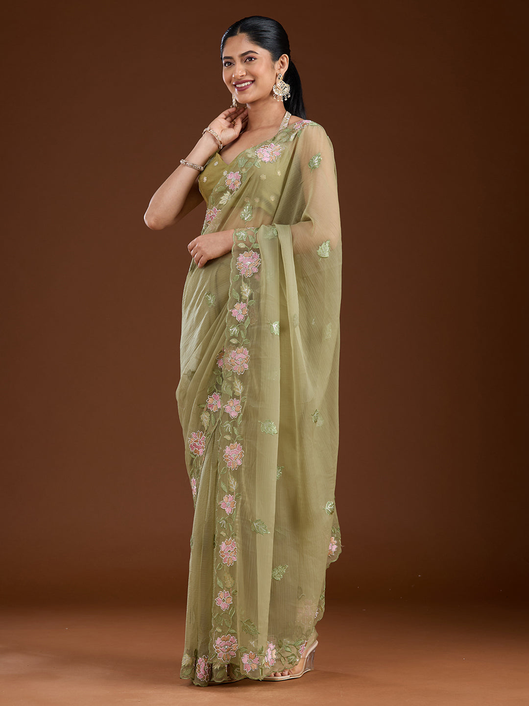 Pista Green Threadwork Chiffon Saree