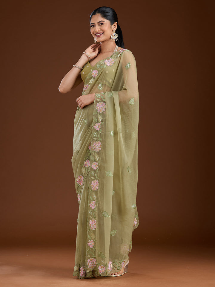Pista Green Threadwork Chiffon Saree