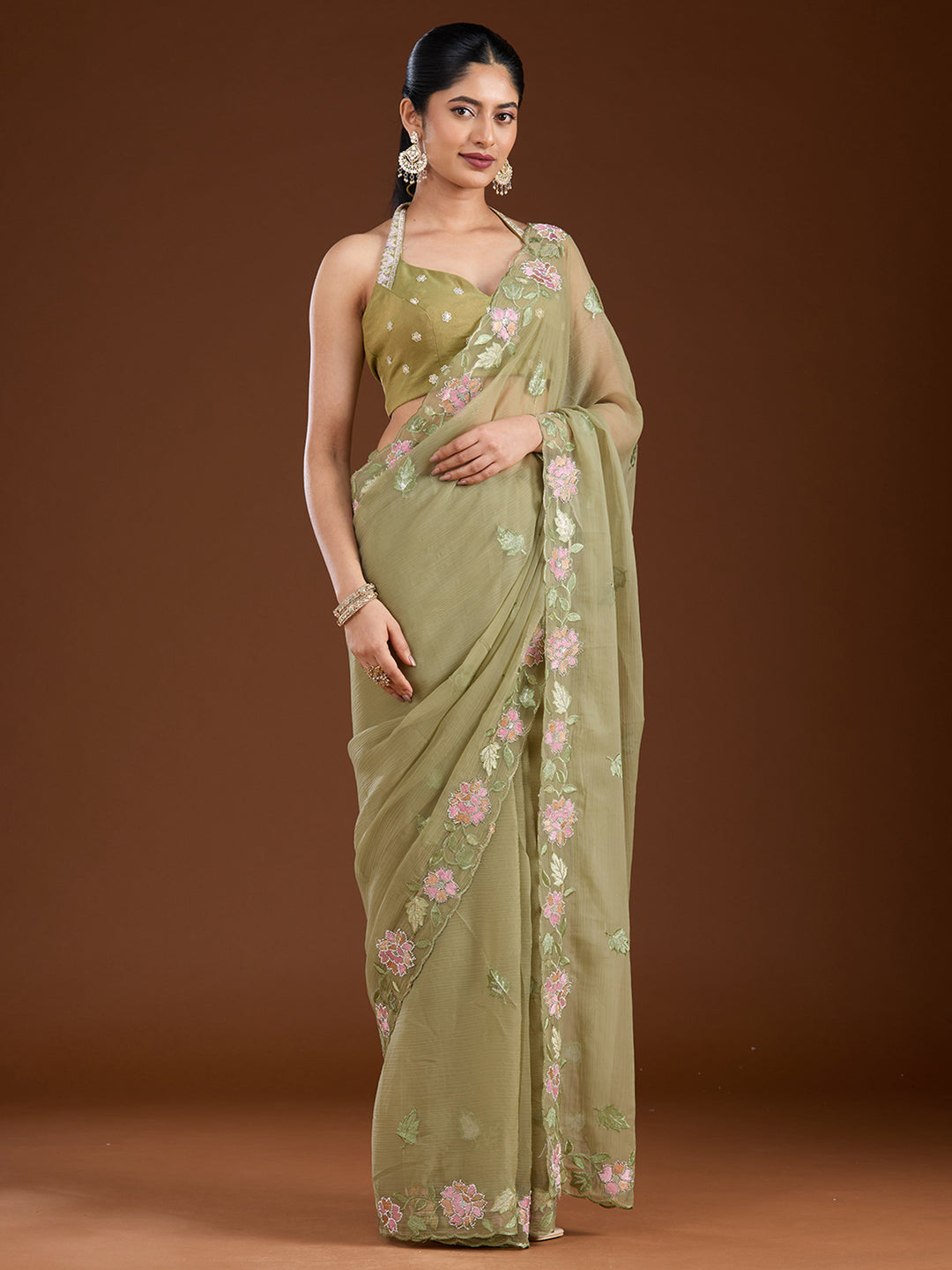 Pista Green Threadwork Chiffon Saree