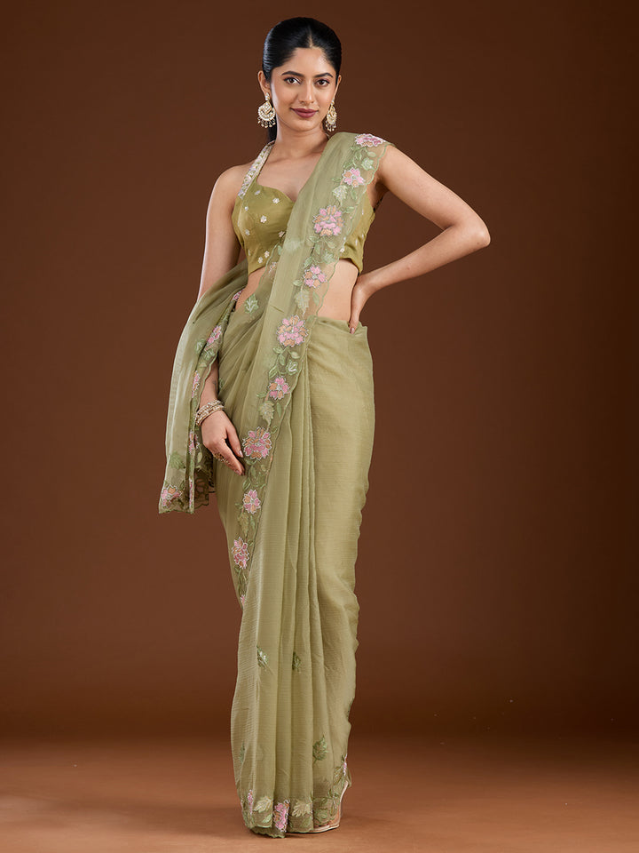 Pista Green Threadwork Chiffon Saree