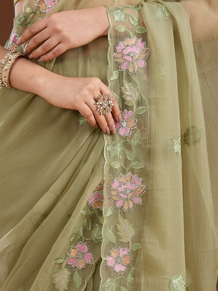 Pista Green Threadwork Chiffon Saree