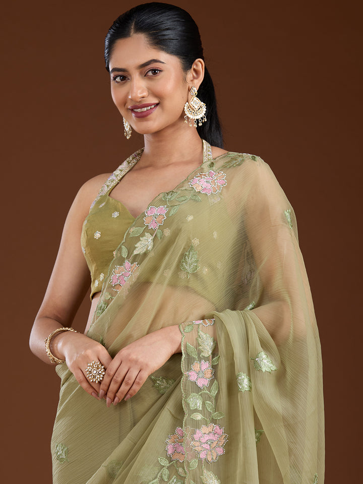 Pista Green Threadwork Chiffon Saree