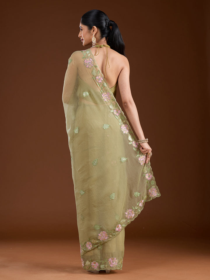 Pista Green Threadwork Chiffon Saree
