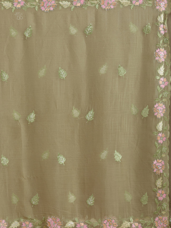 Pista Green Threadwork Chiffon Saree