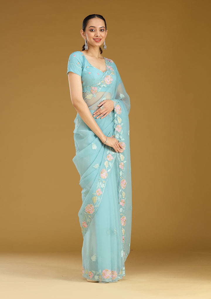 Sky Blue Threadwork Chiffon Saree