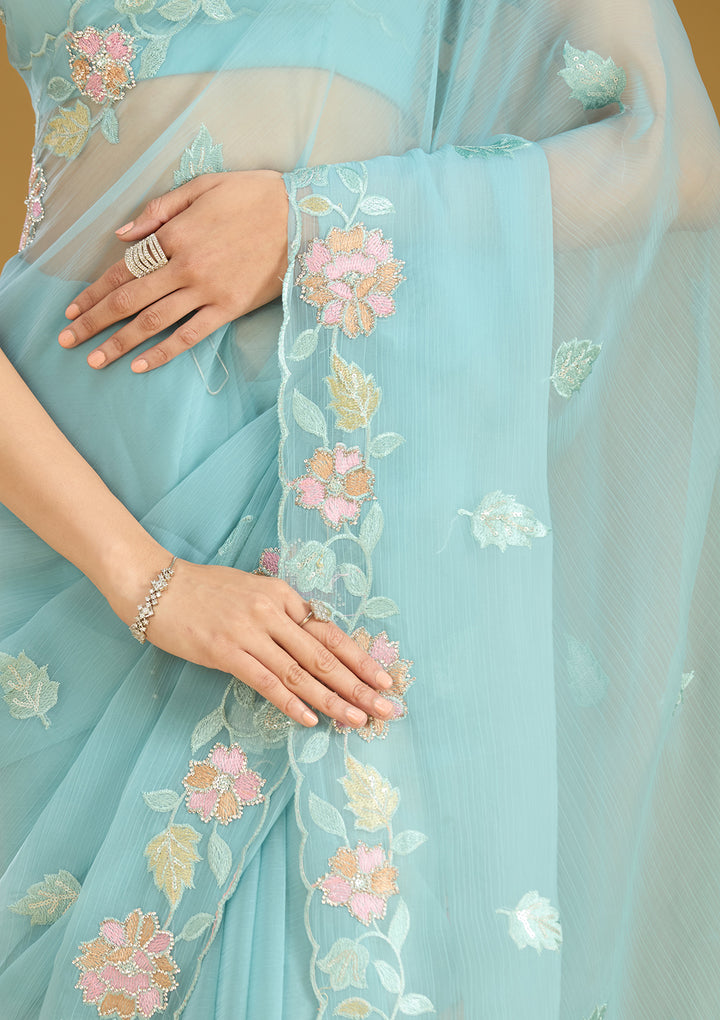 Sky Blue Threadwork Chiffon Saree