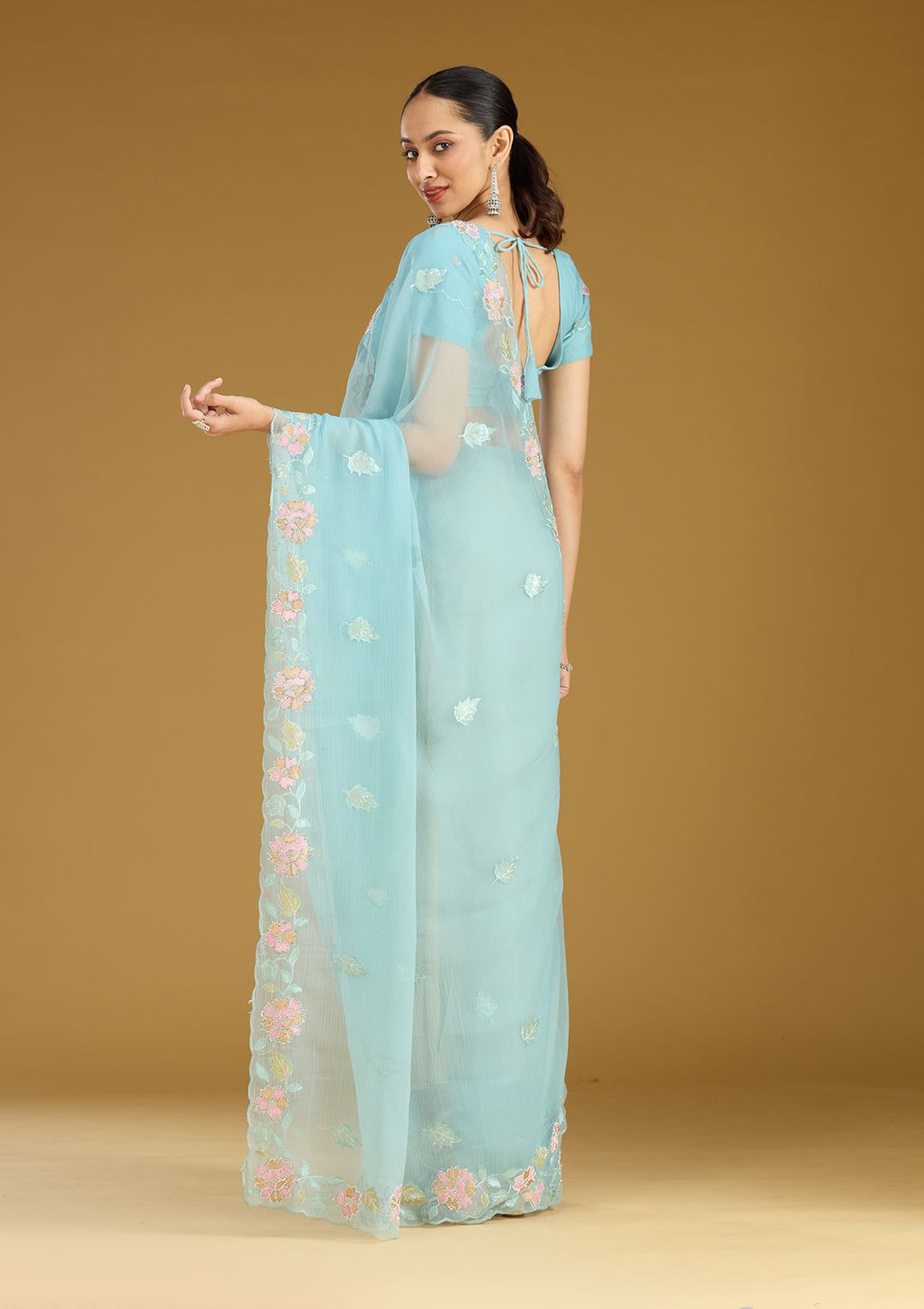 Sky Blue Threadwork Chiffon Saree