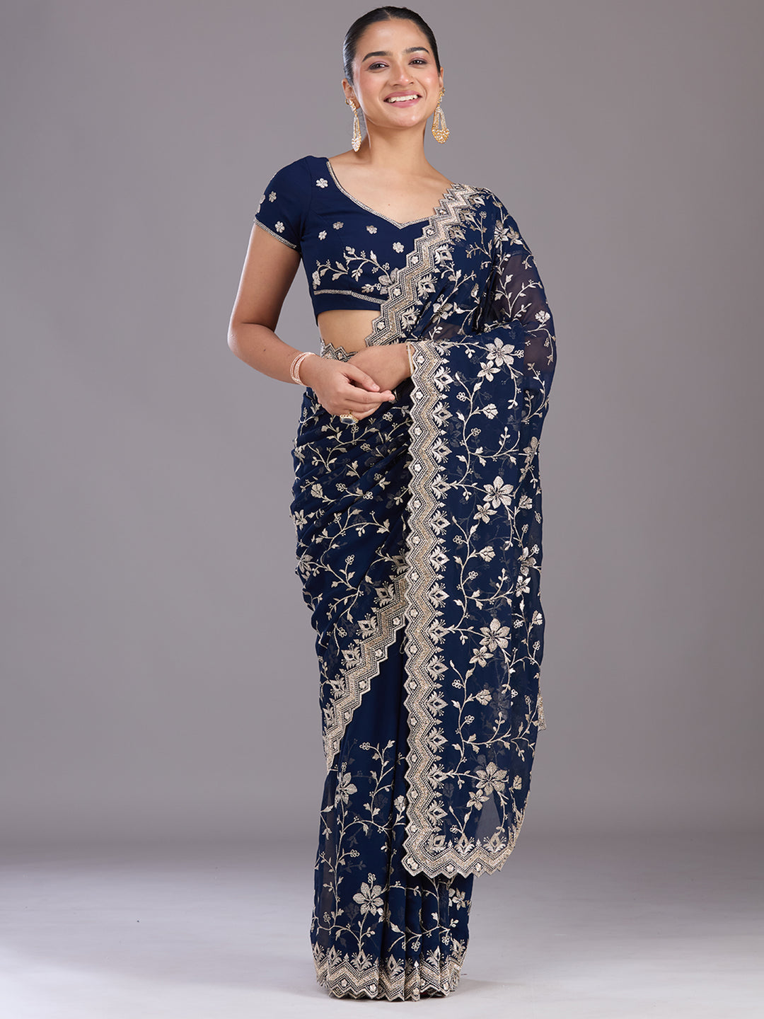 Navy Blue Zariwork (Gold) Georgette Saree