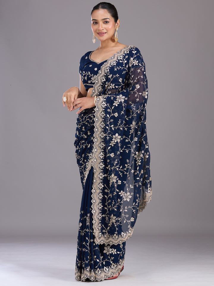 Navy Blue Zariwork (Gold) Georgette Saree