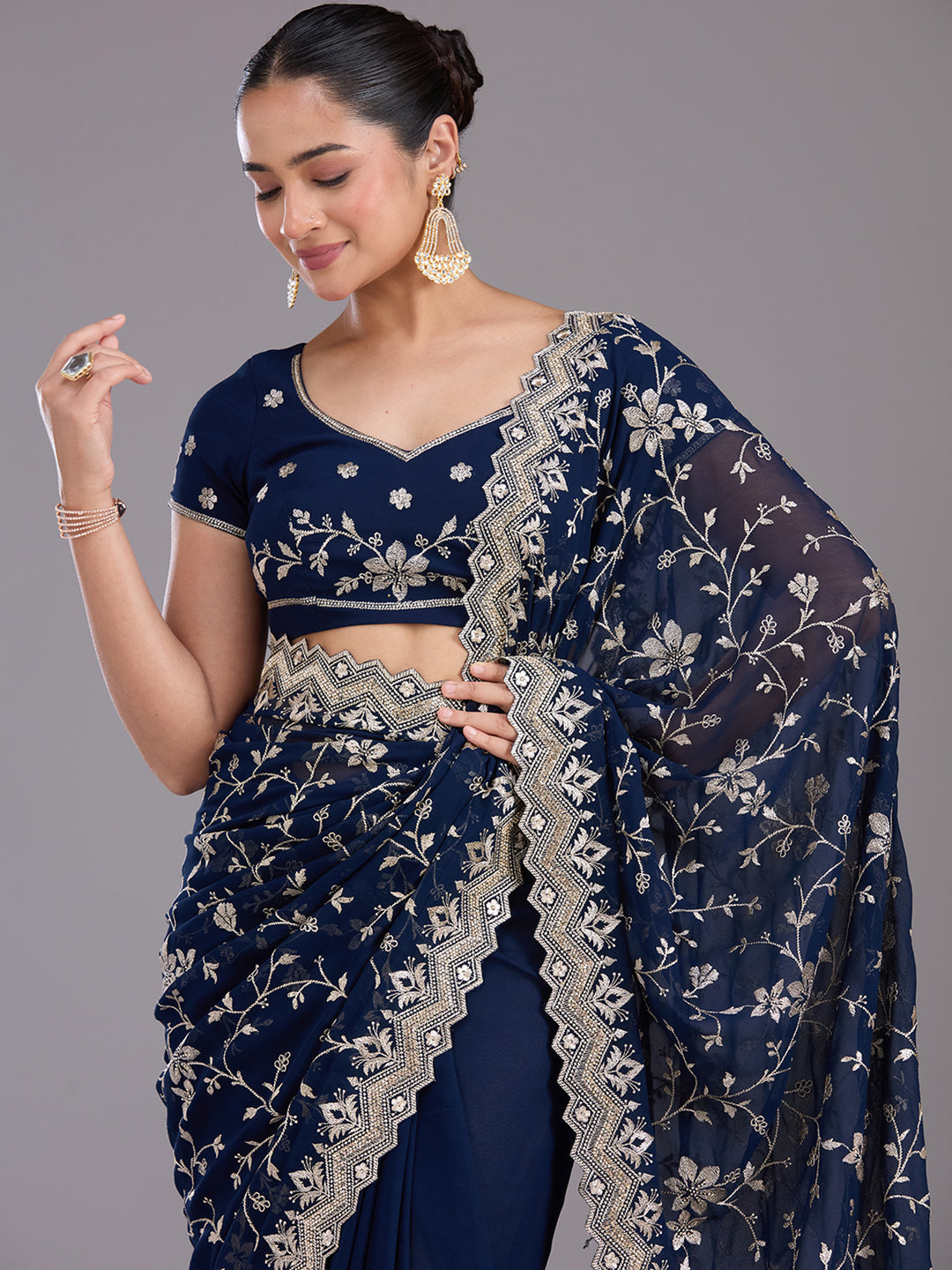 Navy Blue Zariwork (Gold) Georgette Saree