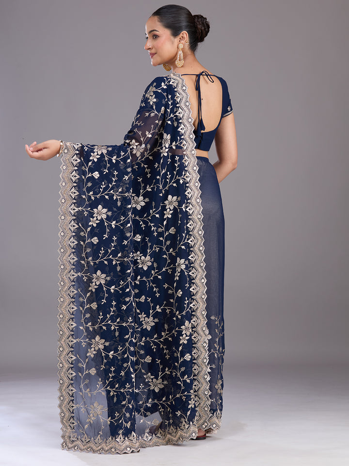 Navy Blue Zariwork (Gold) Georgette Saree
