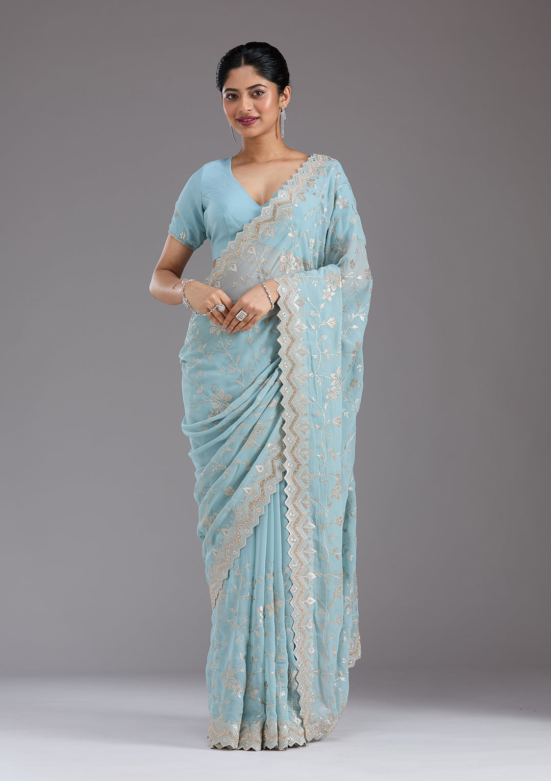 Sky Blue Georgette Gold Zariwork Saree With Matching Blouse Piece