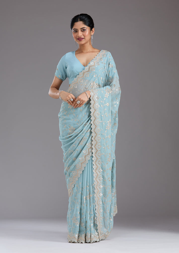 Sky Blue Georgette Gold Zariwork Saree With Matching Blouse Piece