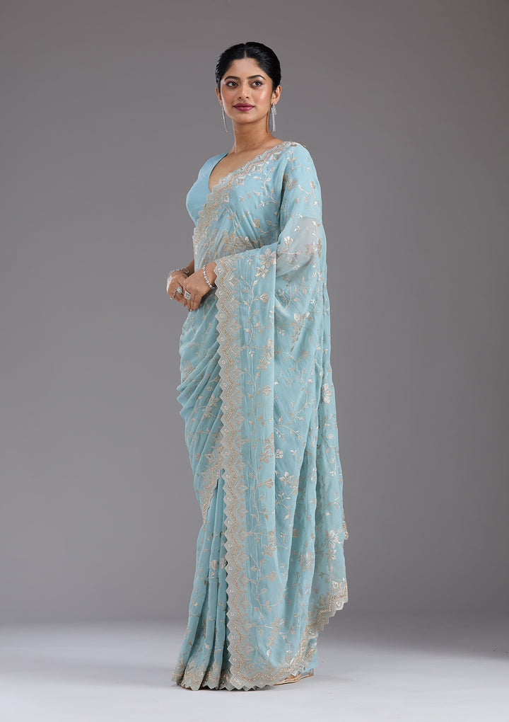 Sky Blue Georgette Gold Zariwork Saree With Matching Blouse Piece