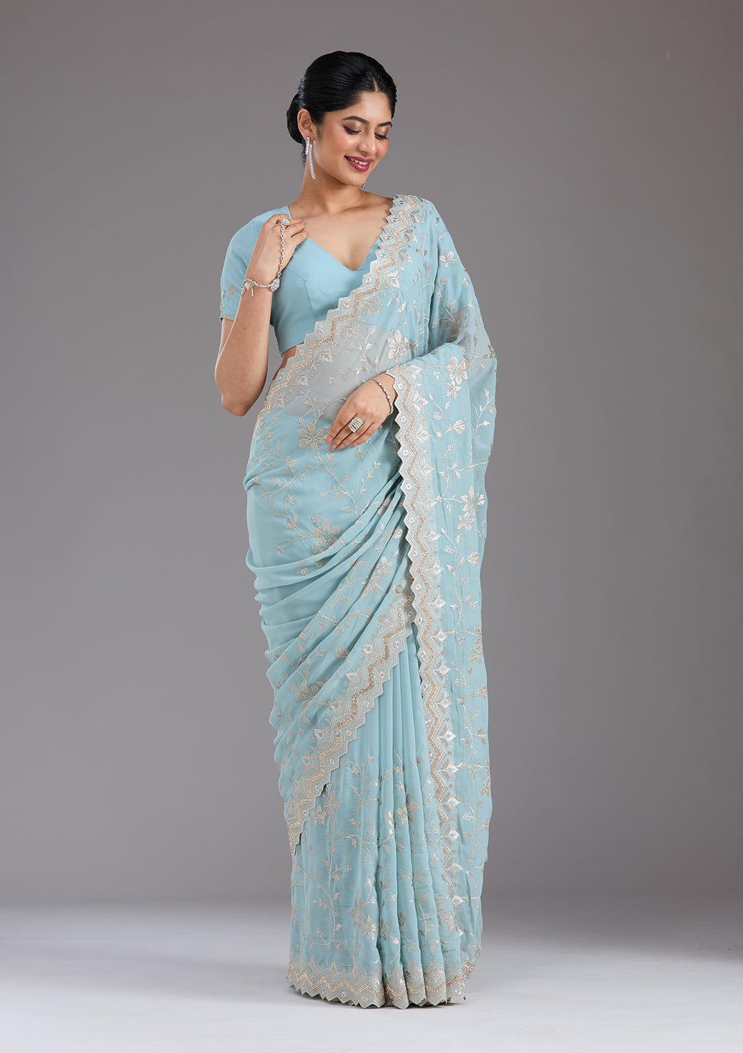 Sky Blue Georgette Gold Zariwork Saree With Matching Blouse Piece