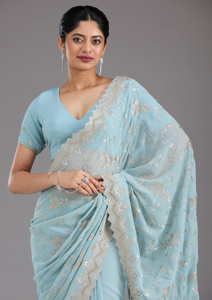 Sky Blue Georgette Gold Zariwork Saree With Matching Blouse Piece