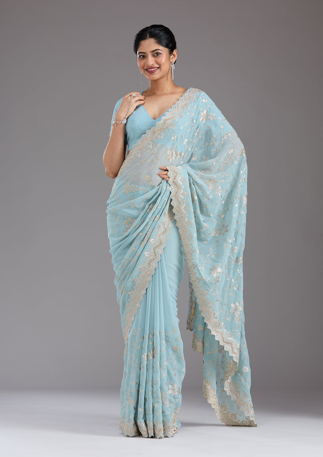 Sky Blue Georgette Gold Zariwork Saree With Matching Blouse Piece