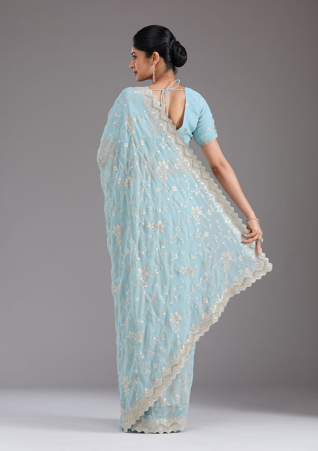 Sky Blue Georgette Gold Zariwork Saree With Matching Blouse Piece