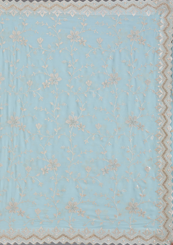 Sky Blue Georgette Gold Zariwork Saree With Matching Blouse Piece