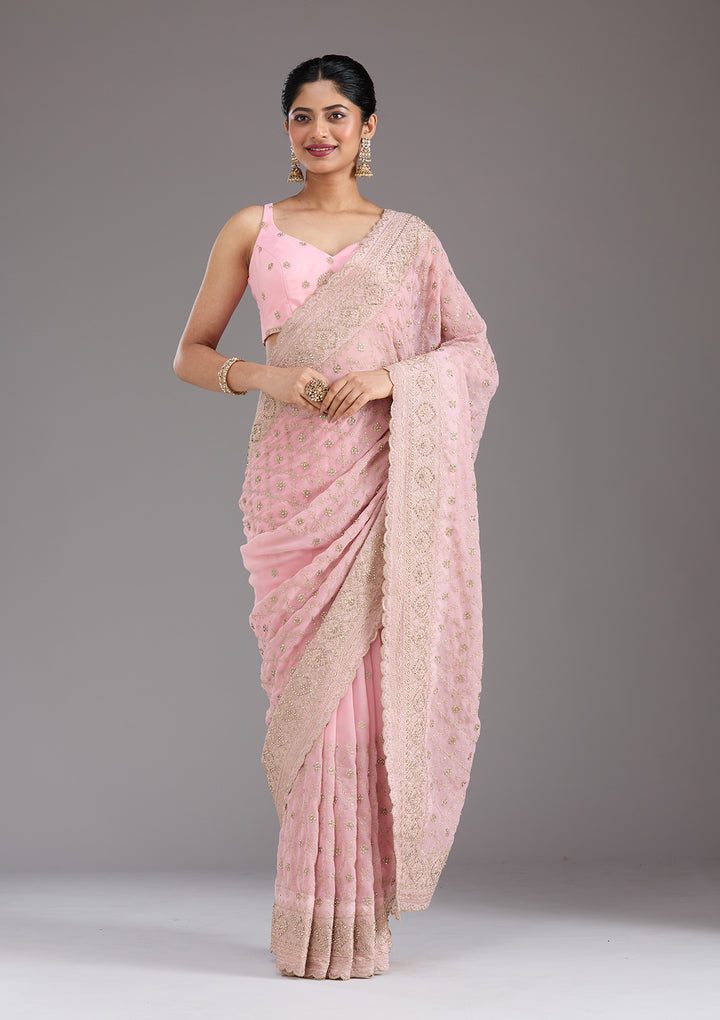 Baby Pink Georgette Gold Zariwork Saree With Matching Blouse Piece