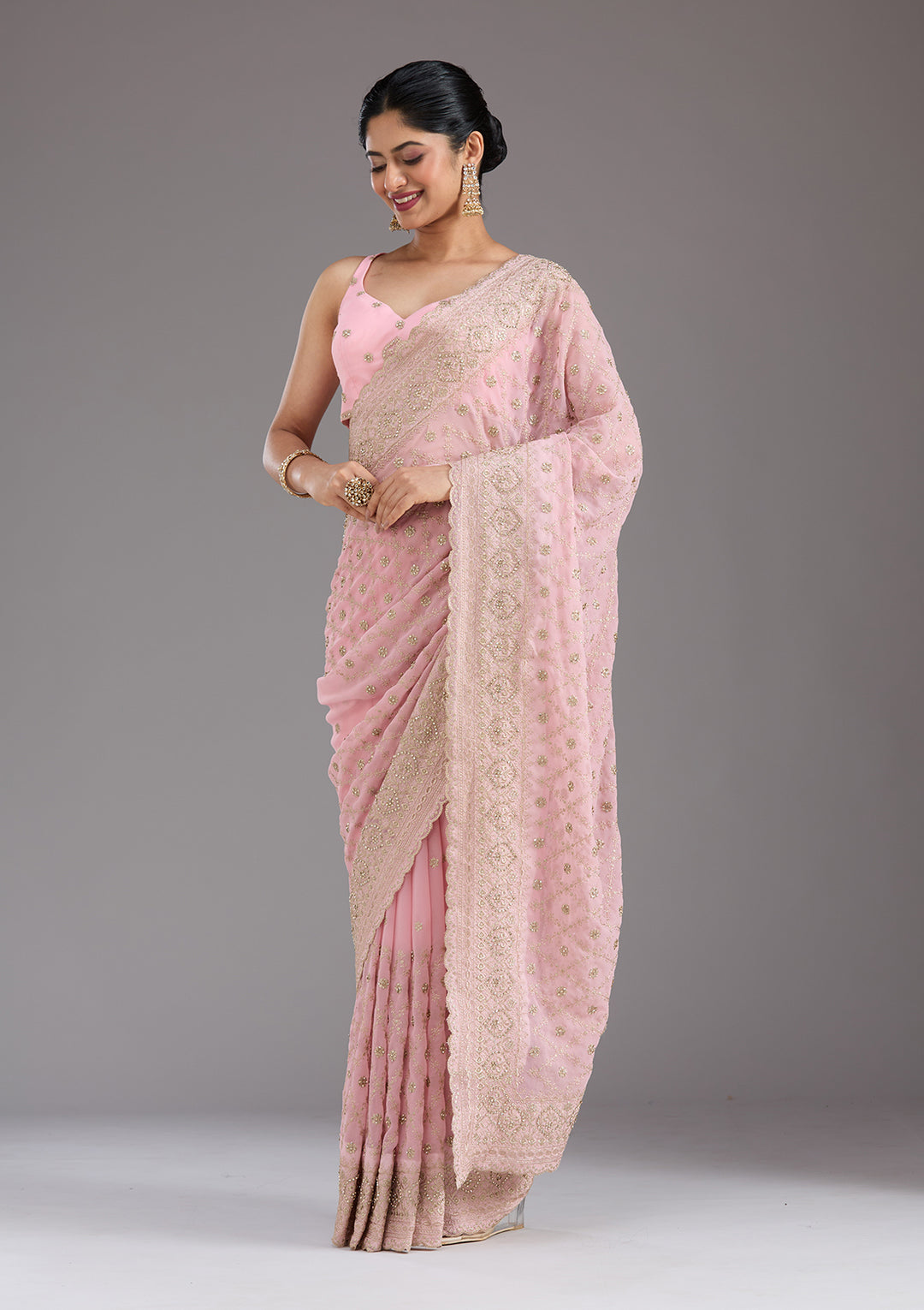 Baby Pink Georgette Gold Zariwork Saree With Matching Blouse Piece
