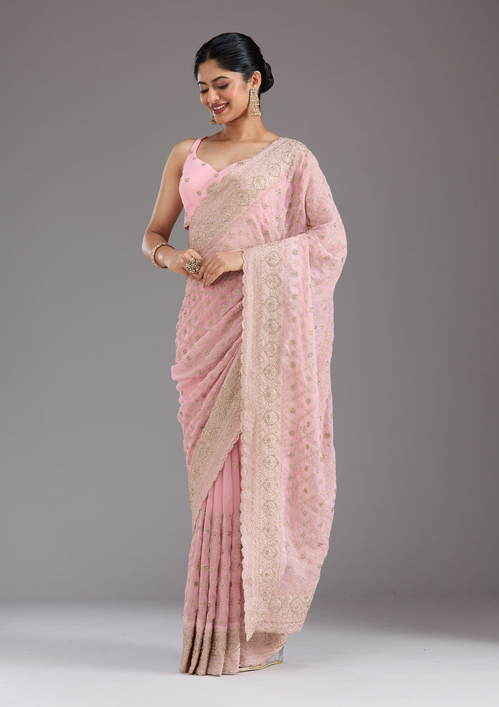 Baby Pink Georgette Gold Zariwork Saree With Matching Blouse Piece