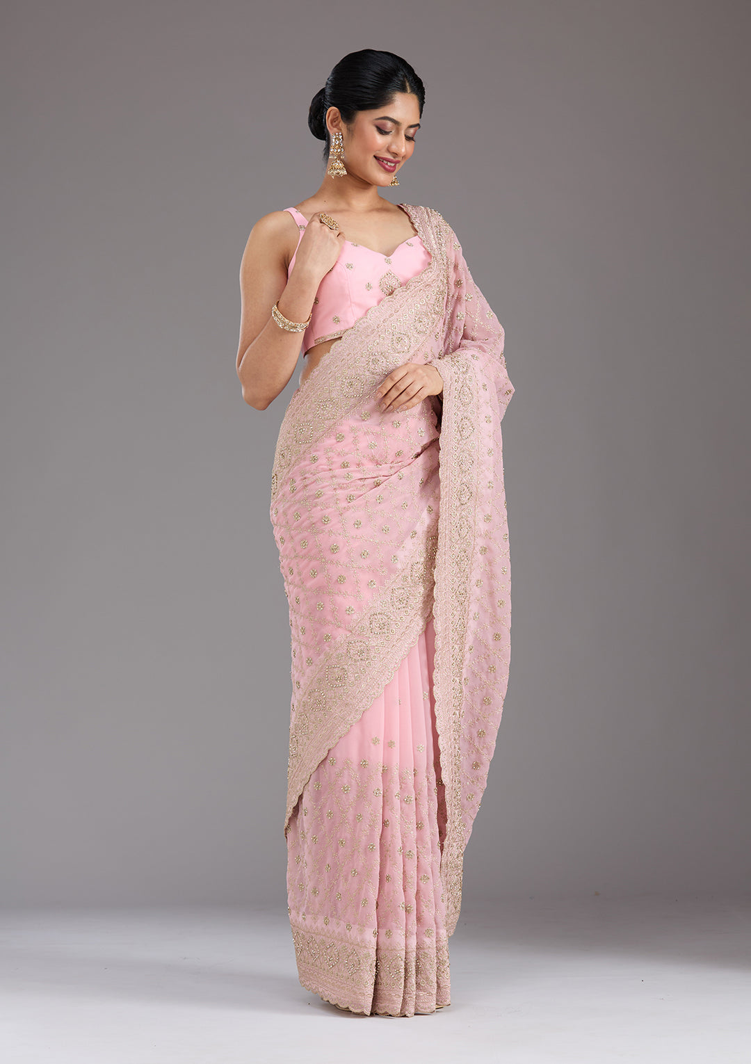 Baby Pink Georgette Gold Zariwork Saree With Matching Blouse Piece