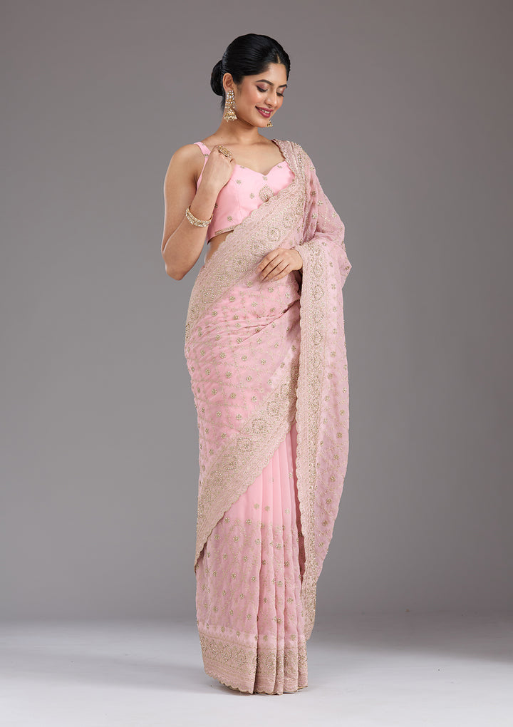 Baby Pink Georgette Gold Zariwork Saree With Matching Blouse Piece