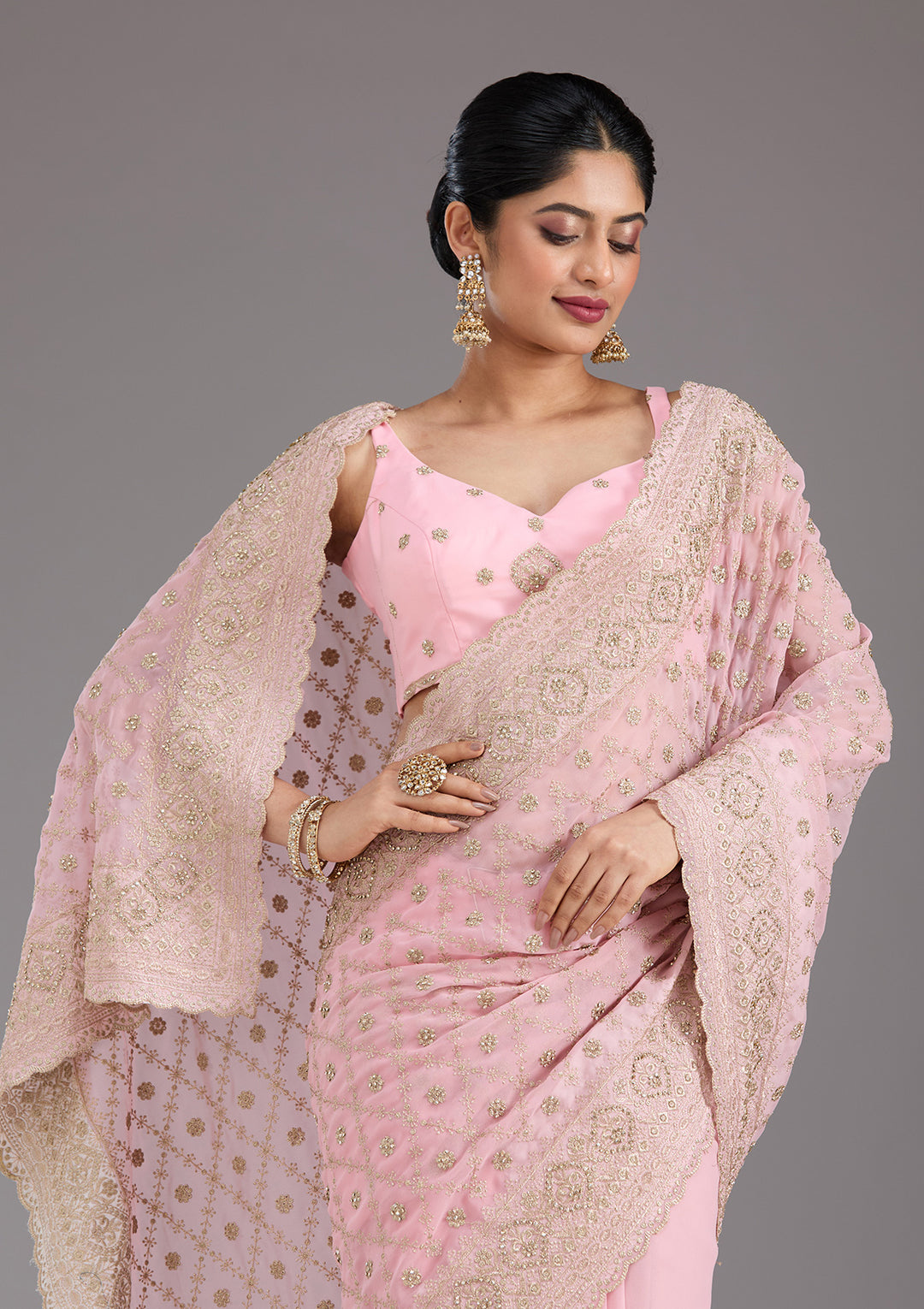 Baby Pink Georgette Gold Zariwork Saree With Matching Blouse Piece