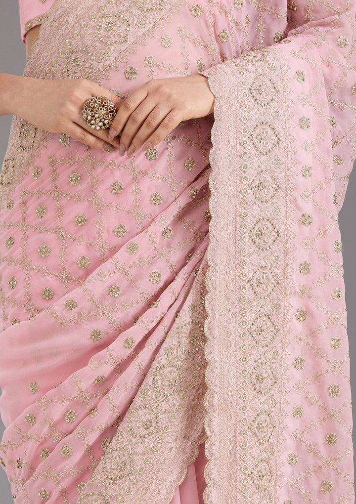 Baby Pink Georgette Gold Zariwork Saree With Matching Blouse Piece