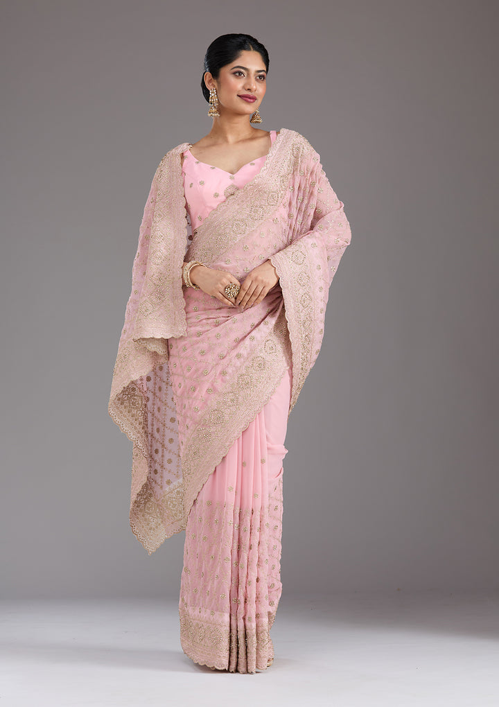 Baby Pink Georgette Gold Zariwork Saree With Matching Blouse Piece