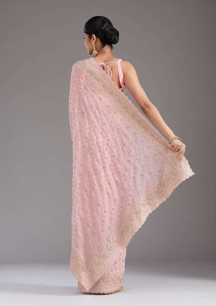 Baby Pink Georgette Gold Zariwork Saree With Matching Blouse Piece