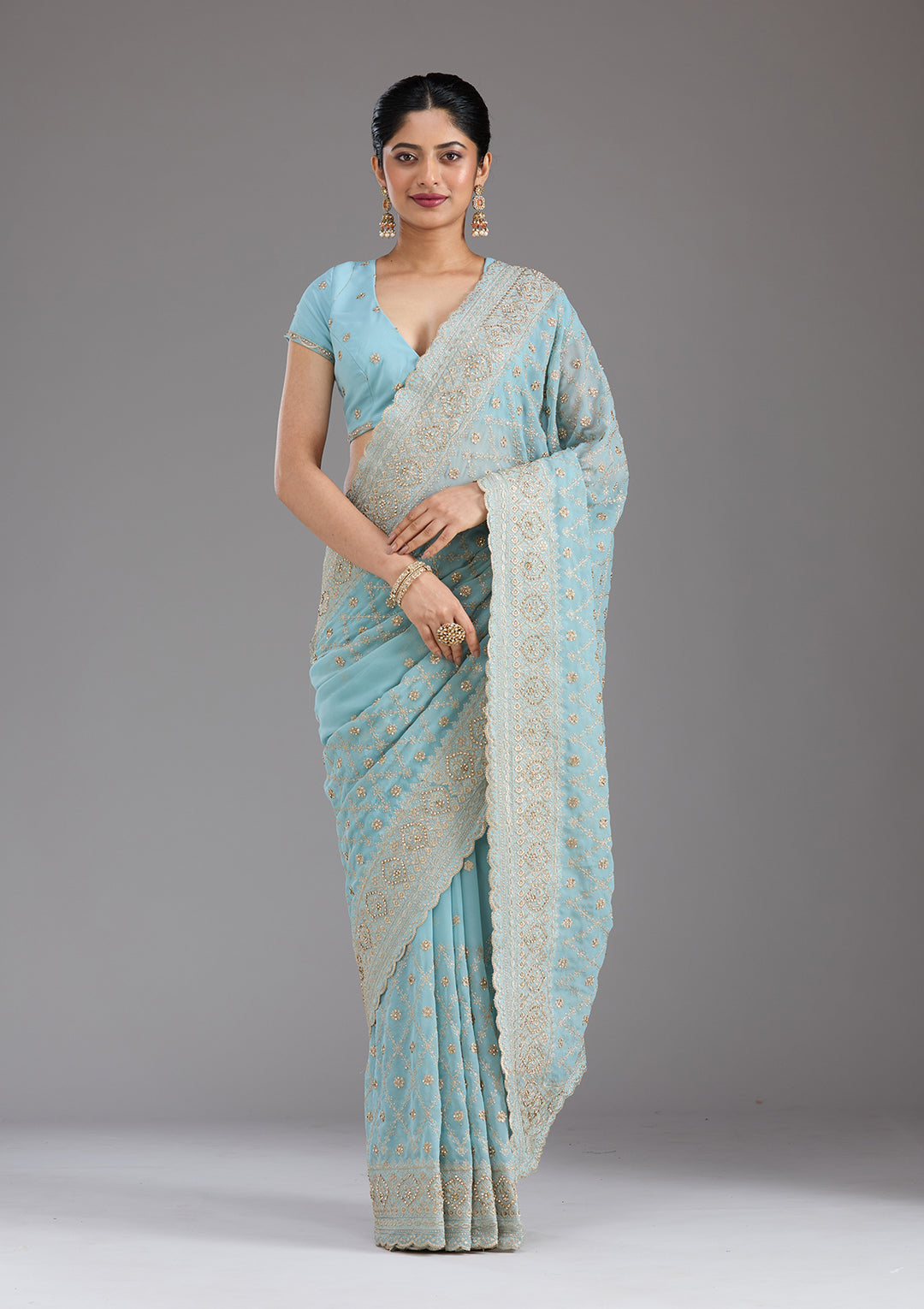 Sky Blue Georgette Gold Zariwork Saree With Matching Blouse Piece