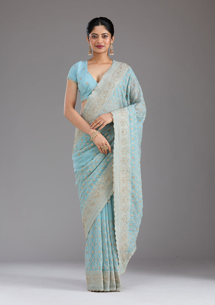 Sky Blue Georgette Gold Zariwork Saree With Matching Blouse Piece