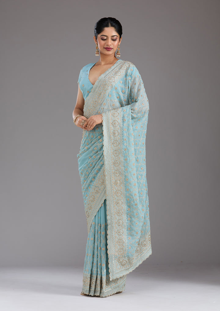 Sky Blue Georgette Gold Zariwork Saree With Matching Blouse Piece