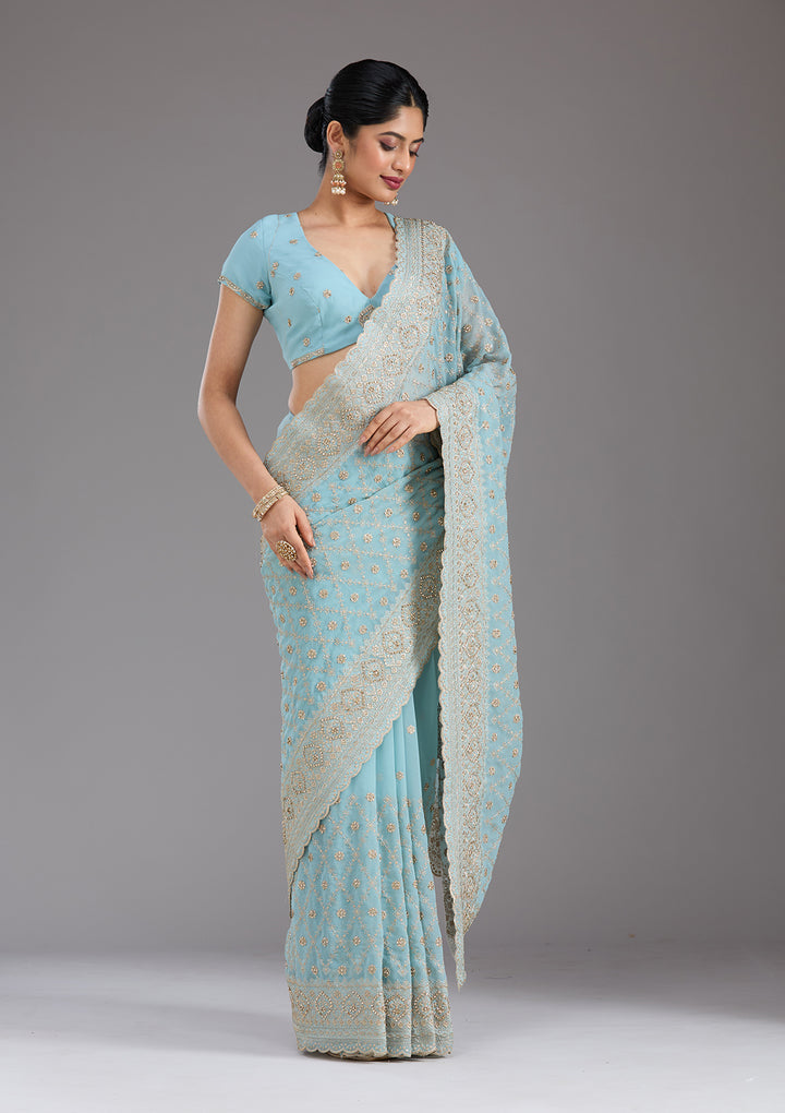 Sky Blue Georgette Gold Zariwork Saree With Matching Blouse Piece