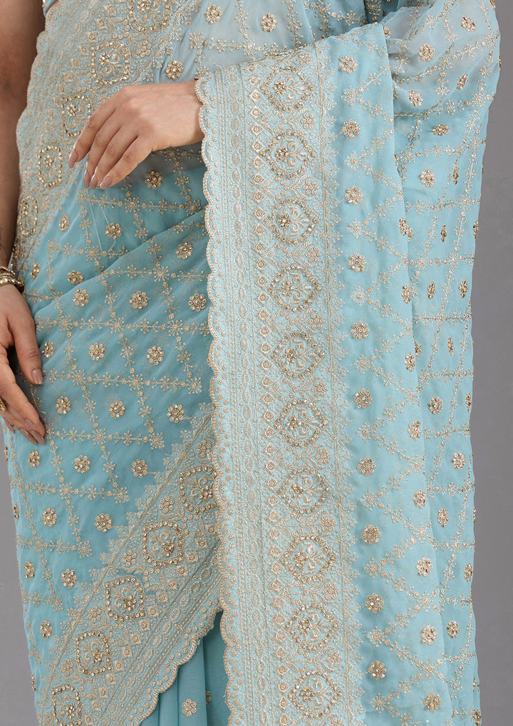 Sky Blue Georgette Gold Zariwork Saree With Matching Blouse Piece