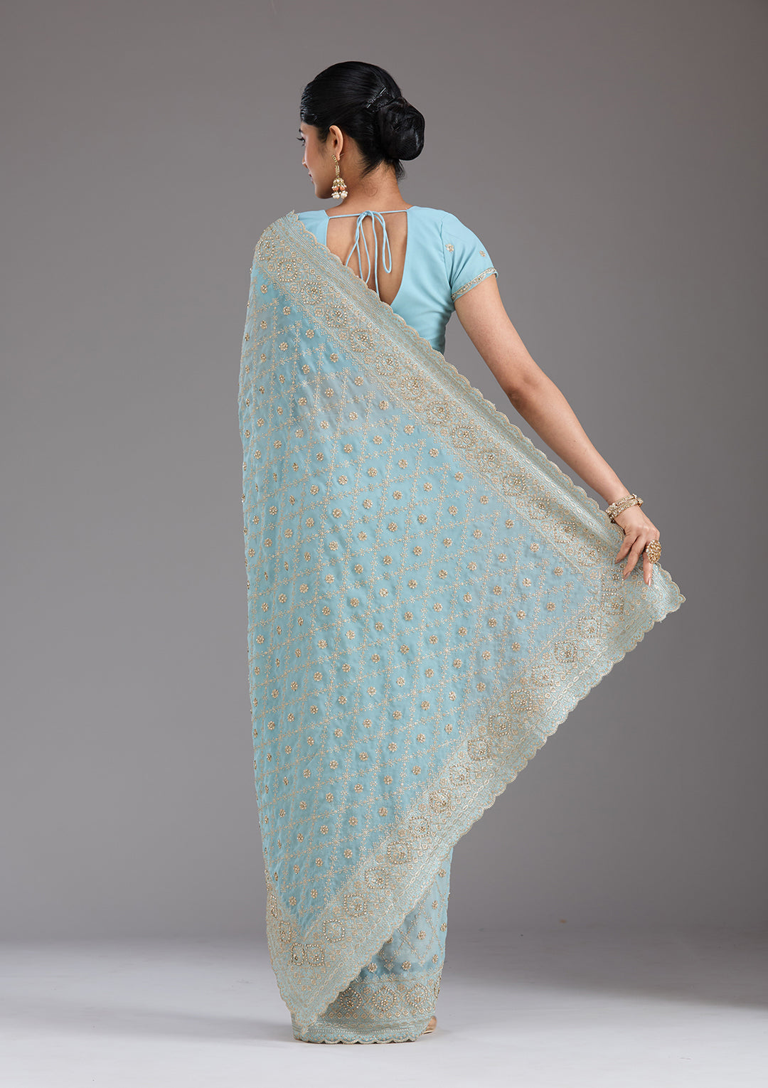Sky Blue Georgette Gold Zariwork Saree With Matching Blouse Piece