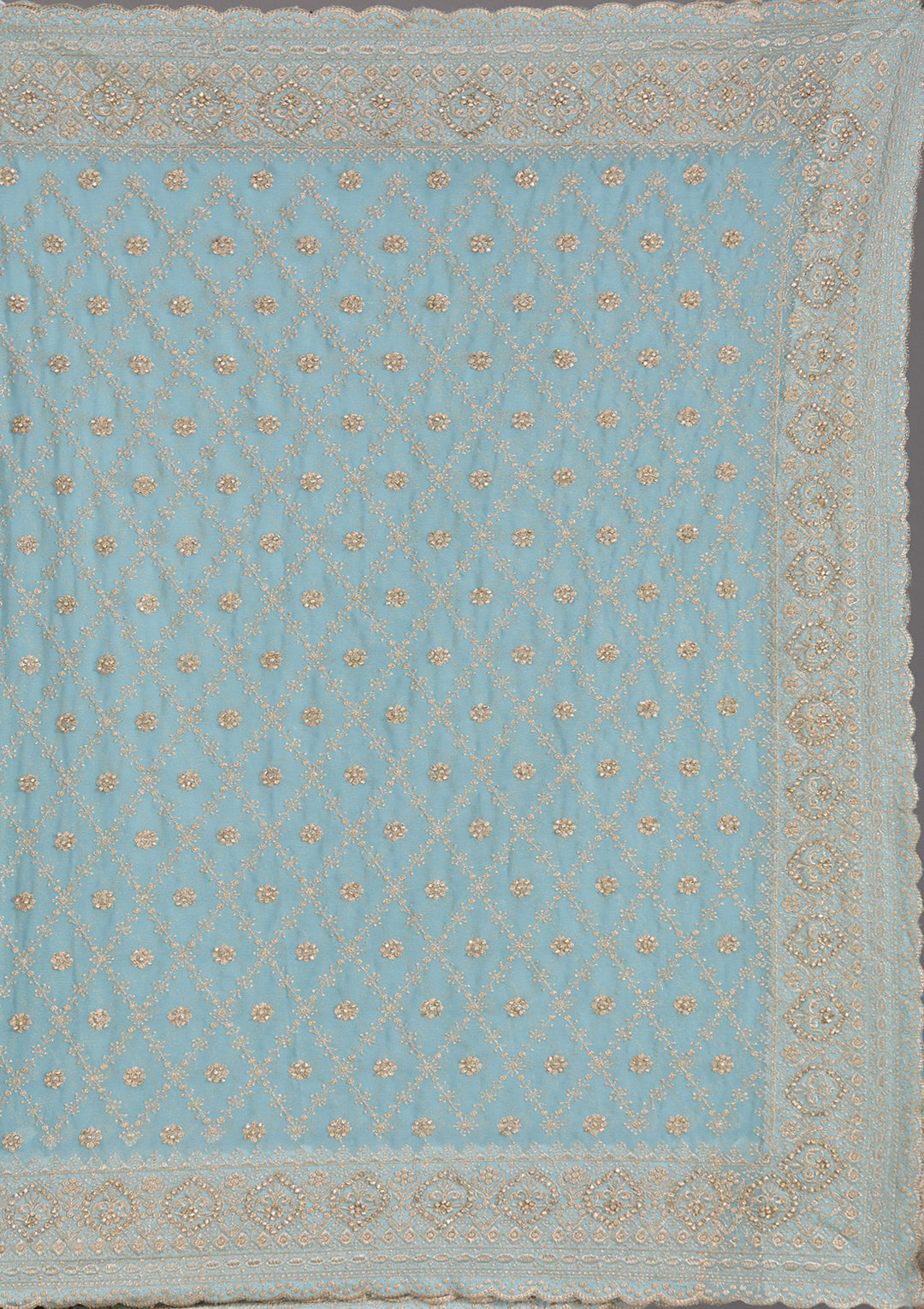 Sky Blue Georgette Gold Zariwork Saree With Matching Blouse Piece