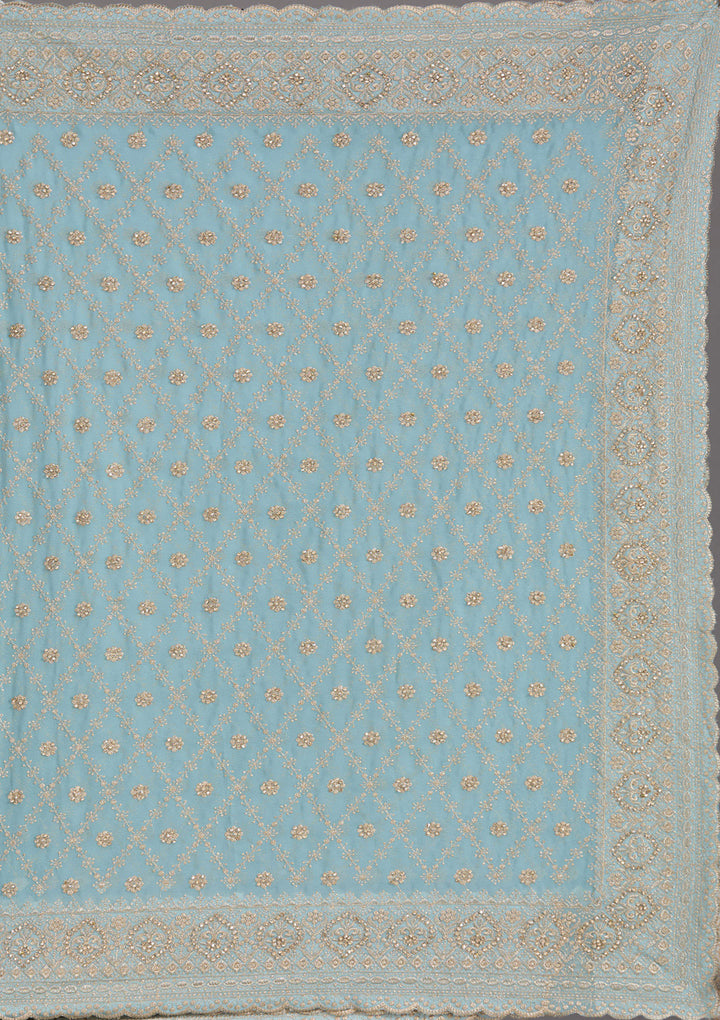 Sky Blue Georgette Gold Zariwork Saree With Matching Blouse Piece