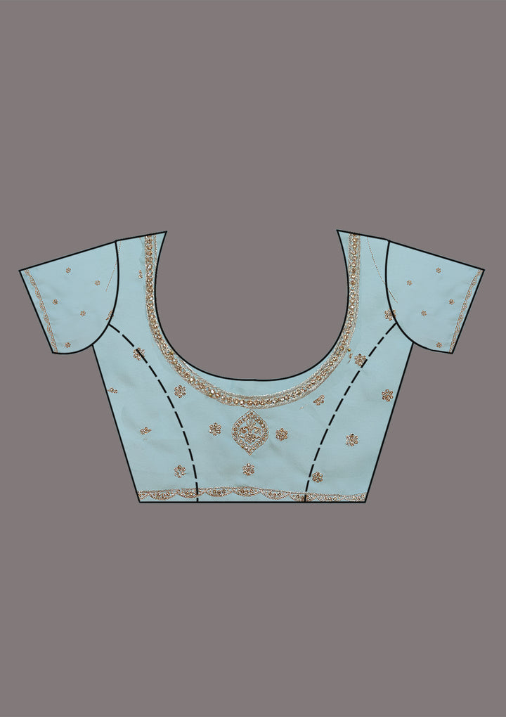 Sky Blue Georgette Gold Zariwork Saree With Matching Blouse Piece