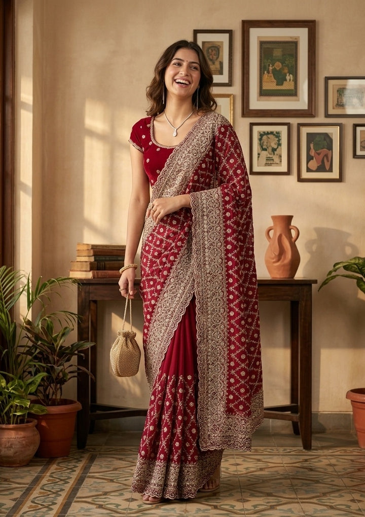 Maroon Georgette Gold Zariwork Saree With Matching Blouse Piece