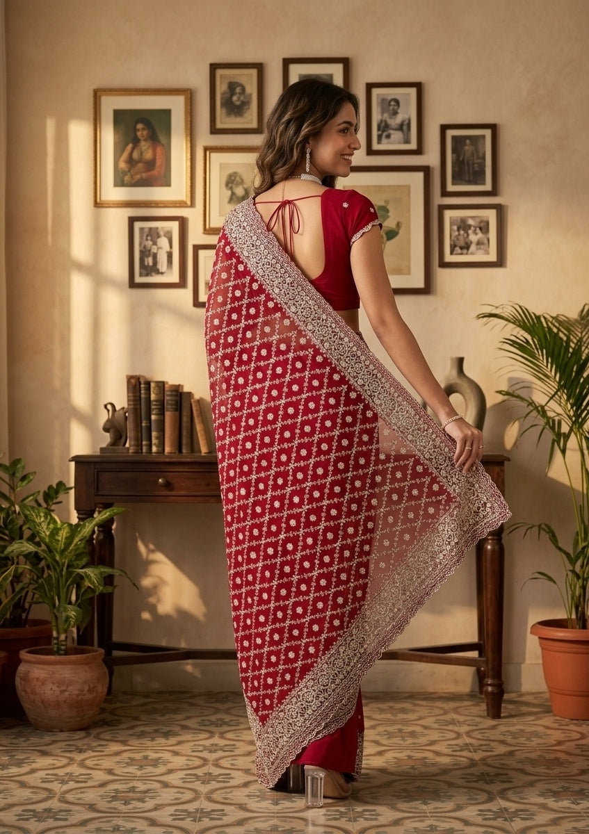 Maroon Georgette Gold Zariwork Saree With Matching Blouse Piece