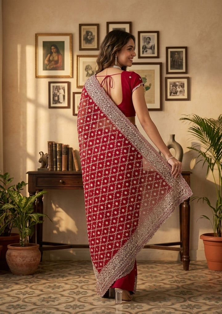 Maroon Georgette Gold Zariwork Saree With Matching Blouse Piece