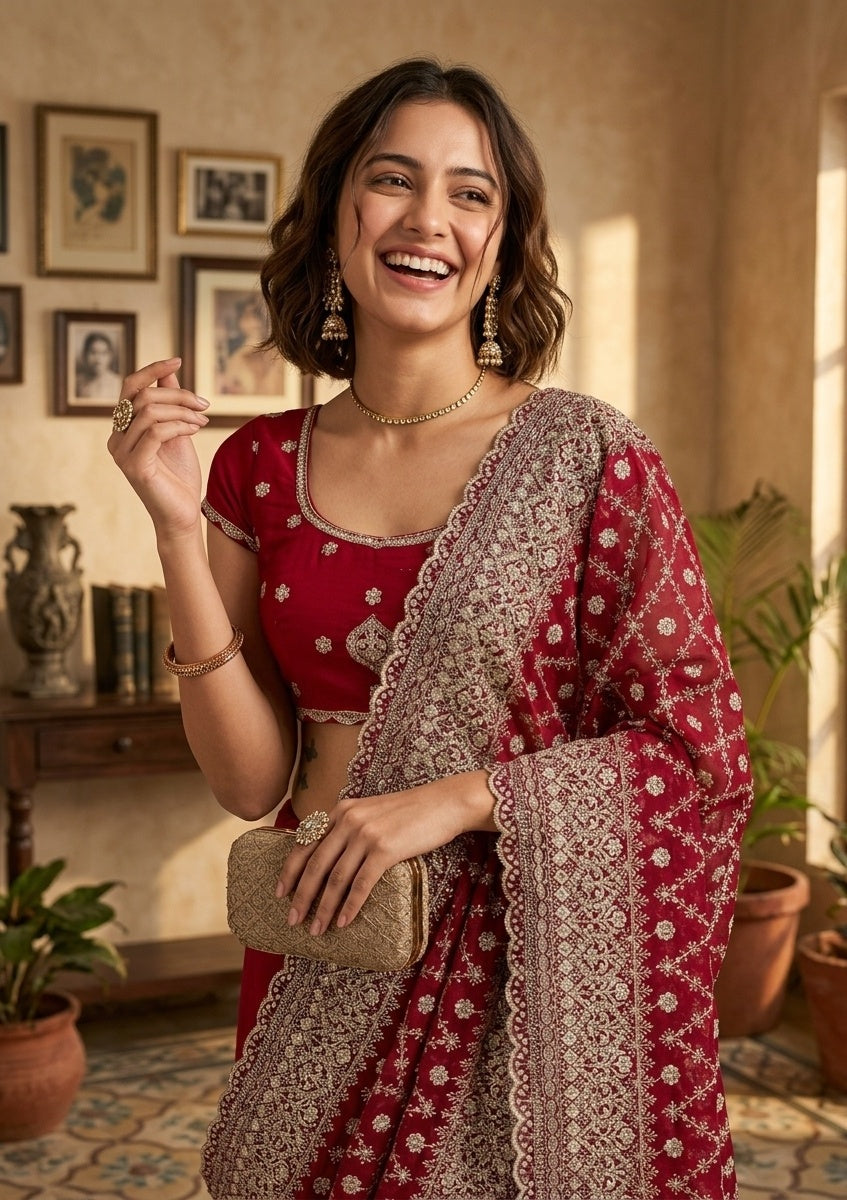 Maroon Georgette Gold Zariwork Saree With Matching Blouse Piece